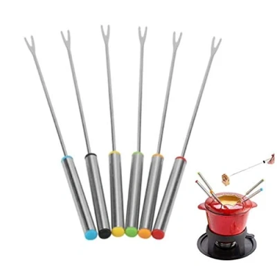 Bild av 6 st gaffelpinnar, fonduegafflar i rostfritt stål, choklad fondue, fruktgafflar, grillburk, gaffel, fonduespett