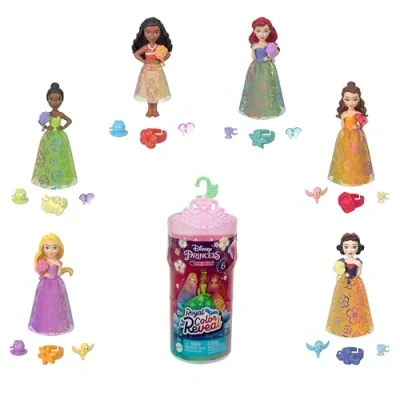 Bild av Mattel Disney Princess Royal Color Reveal, små dockor med sex överraskningar, däribland doftande ring och fyra tillbehör (docka kan variera), trädgårdskalasserien HRN63