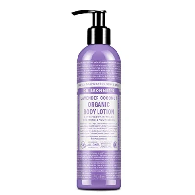 Bild av Dr Bronner&#039;s 3 i 1 lavendel och kokosnöt ekologisk hand kroppslotion, tillverkad med ekologiska oljor, används för händer, ansikte kropp, certifierad Fair trade &amp; veganvänlig, 236 ml återvunnen pumpflaska