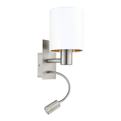 Bild av EGLO LED vägglampa pasteri, 2 glödlampor textil vägglampa, stål, tyg, Nickel matt, vit, koppar, E27, inkl. strömbrytare och flexibel läslampa