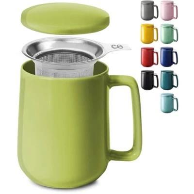 Bild av Cosumy Tekopp med infusionsbehållare och lock 500 ml stor keramisk håller värmen länge (Matcha Grön)