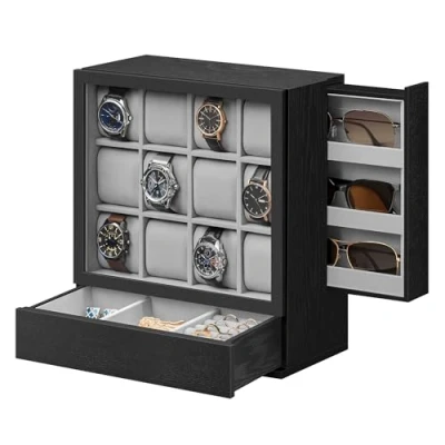 Bild av SONGMICS Klockbox i trä med 12 spår, klockvisningsfodral fönster, visningsskåp massivt träfanér, vertikal förvaring, platsbesparande, presentidéer, ebenholts svart JOW014B01