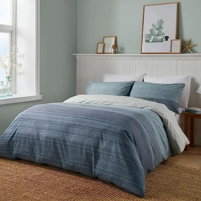 Bild av Fusion modernt blått påslakan king size sängkläder (230 x 220 cm) vändbar design ombre blå nautiskt marinblått randigt linjer