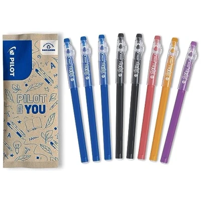 Bild av PILOT FriXion Ball Stick 8 pack pennor raderbart gelbläck 3 blå, 2 svarta, 1 korall, orange, lila Budget penna för förvaring skolmaterial