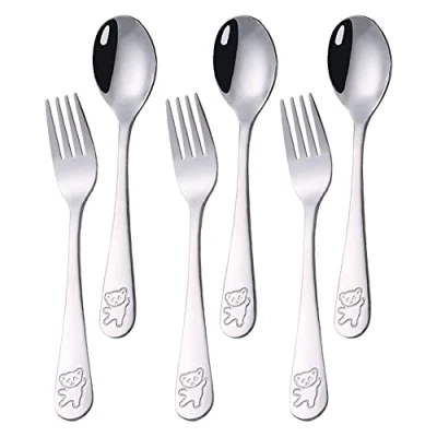 Bild av PHIEZC 6 stycken barnbestick set 18/10 rostfritt stål, 3 soppskedar + dessertgafflar, gafflar skedset, baby sked gaffel, björnmönster, 16,5 cm