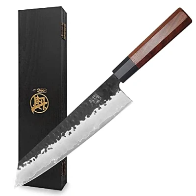 Bild av MITSUMOTO SAKARI 23 cm Japanska Kiritsuke köksknivar, Kökskniv Med Hög Kolstål, Professionella Handsmidda Köksknivar (Rosenträhandtag)
