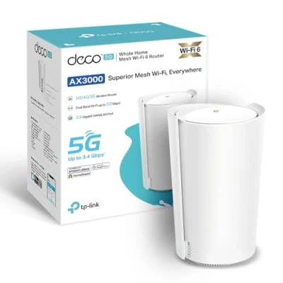 Bild av TP Link Deco X3000 5G Router, teknik upp till 3,4 Gbit/s, 1x2.5 Gbit/s port, 2 x Gigabit Wi Fi 6 AX3000, stöder externa antenner, nätteknik