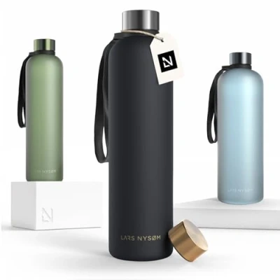 Bild av LARS NYSØM Vattenflaska 1l Ultralätt Tritan Sportflaska läckagesäker, kolsyrad lämplig för sport, kontor, yoga 2 lock ingår (Black Gold, 1000ml)