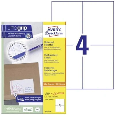 Bild av AVERY Zweckform 3483200 universella etiketter (800 plus 80 självhäftande extra, 105 x 148 mm på A4, tryckbara fraktetiketter, fraktklistermärken med ultragrip) 220 ark, vit