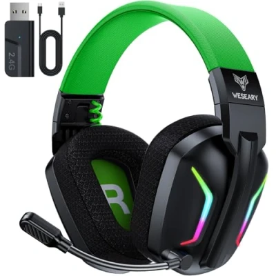Bild av WESEARY Trådlöst spelheadset för PC, PS5, PS4, Switch, Mac, 2,4 GHz trådlösa spelhörlurar med ENC mikrofon, Bluetooth 5.4, 50 mm drivrutiner, stereoljud, cool belysning, H batteri