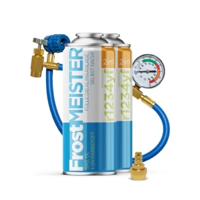 Bild av FrostMEISTER 2 i 1 luftkonditioneringsset för bil (2 x 400 ml burk slang med manometer och adapter) R1234yf (från tillverkningsår 2017), snabb, enkel miljövänlig användning