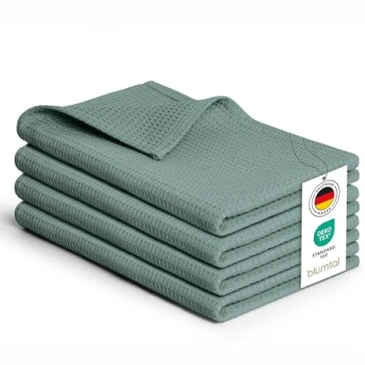 Bild av Blumtal® kökshanddukar 50x70 cm i set om 4 bomull 100% tvättbara vid 60 C våffelhandduk disktrasor &amp; städdukar kökshandduk grön