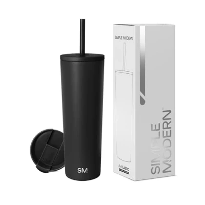 Bild av Simple Modern 828ml Classic Resemugg Vakuumisolerad dubbelväggig återanvändbar termisk kaffemugg koppkolv med läckagesäker stängningslock och återanvändbart sugrör Present, Midnatt Svart