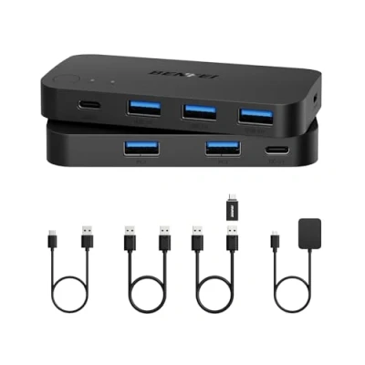 Bild av BENFEI USB 3.0 Switch, 2 datorväxlare med 1xUSB C port och 3xUSB A portar, ingångar 4 utgångar switch bordskontroll, KVM kompatibel Windows Mac Linux