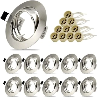 Bild av Allbra infälld spotlight med 10 LED GU10 set ram runda infällda lampor 68 mm takspotlights rostfritt stål borstad optik inkl. sockel för eller halogenlampor, 30 vridbar