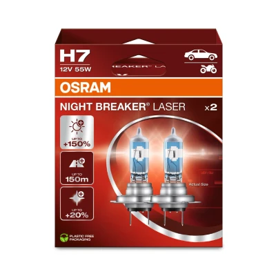 Bild av OSRAM NIGHT BREAKER LASER H7, +150% mer ljusstyrka, halogenstrålkastare, 64210NL 2HB, 12V, Hängande hopfällbar låda (2 lampor)