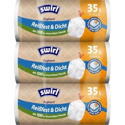 Bild av Swirl slitstark och tät soppåse med dragband, 35 l, 3 flerpack 33 sopppåsar, extra stark, droppsäker