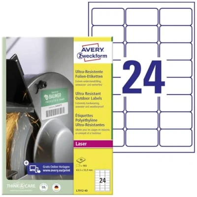 Bild av AVERY Specialform L7912 40 tåliga folieetiketter (63,5 x 33,9 mm på DIN A4, extremt starkt självhäftande, vattenfast, tryckt utomhus självhäftande folie) 960 klistermärken ark vit