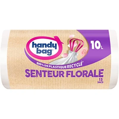 Bild av Handy Bag Badrumssoppåsar med skjuthandtag blommig doft, 10 l x 15 påsar Lämplig för små papperskorgar Maximal tätning läckagesäker botten 100% återvunnen plast