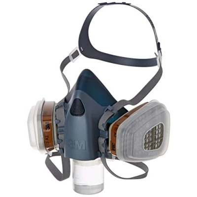 Bild av 3M gas och ångmaskset med 1 styck 7503 halvmask (storlek L), 2 stycken 6055 A2 gasfilter, 4 5935 P3R partikelfilter, 501 lock, 7523L, EN säkerhetscertifierad