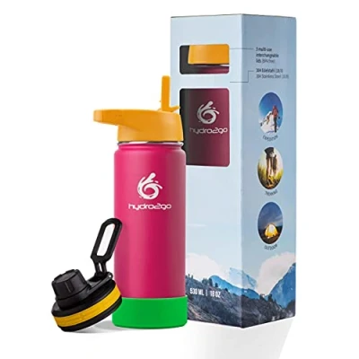 Bild av hydro2go Barnflaska i Rostfritt Stål 100% Läckagesäker, BPA fri med 2 Lock (Strå och Sport) Termoflaska för Barn (Pink) 530ml