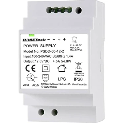 Bild av Basetech PSDD 60 12 2 DIN skena nätaggregat V 4.5 A 54 W Antal utgångar:2 x Innehåll 1 st