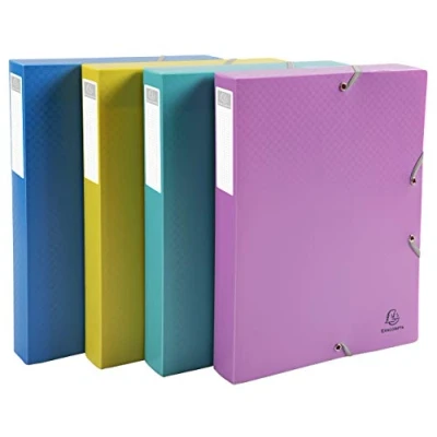 Bild av Exacompta Ref 59190E set med 4 x 40 mm bakre arkiveringslådor tillverkad av ogenomskinlig polypro Forever Young 25 33 cm för A4 format blandade färger blå, fuchsia, gul, turkos