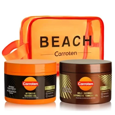Bild av Carrot uppsättning med 2 garvnings acceleratorer garvningsset av guld tanning gel 150 ml och intensiv garvningsgel för snabb solbränning, inkl. sminkväska
