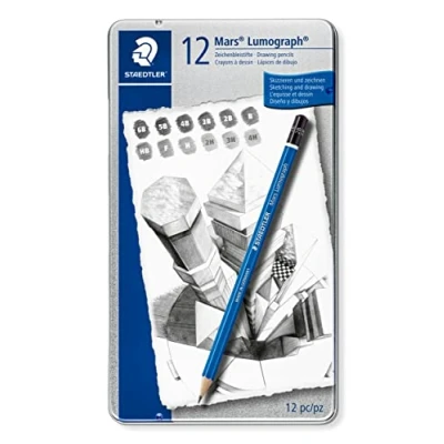 Bild av Staedtler Mars 100 G12 Zeichenbleistift Lumograph, Sechskantform, unglaublich bruchfeste Premium Bleistifte, hohe Qualität, 12 Härtegrade, Metalletui, silber/blue, 12er Etui, ST