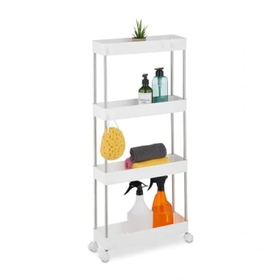 Bild av Relaxdays nischvagn, 4 våningar, med hjul, kök, badrum, rullvagn, 88 x 41,5 14,5 cm, plast, rostfritt stål, vit
