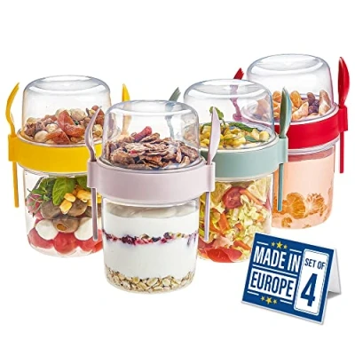 Bild av CRYSTALIA Take and Go Set med BPA fria yoghurtburkar, sked, gaffel, övernattning, havre, diskmaskinssäker, frukost &amp; müsli att ta med, fruktsalladskopp lock, frukostburk, grötbehållare, 4 st