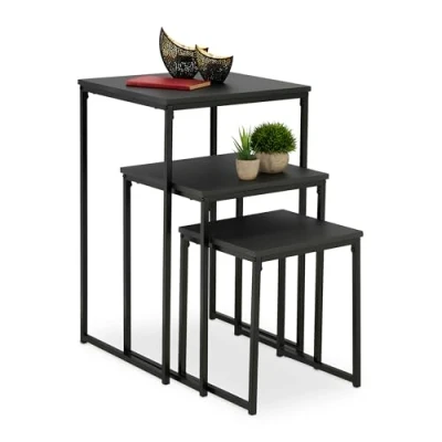 Bild av Relaxdays Sidobord set om 3, stapelbar, bordsset 3 storlekar, kvadratiskt, metall, vardagsrum, dekorativt bord, svart, fiberskiva, 76 x 46 cm