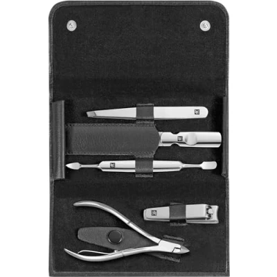 Bild av ZWILLING Manikyrset (5 delat, tryckknappsetui, äkta läder, ergonomisk design, med nagelbandsnippel), polerat rostfritt stål, Svart