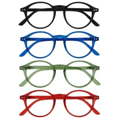 Bild av OPULIZE REY läsglasögon 4 pack retro rund ram matt svart, blå, grön, röd herr dam fjädergångjärn RRR56 136Z +2,00