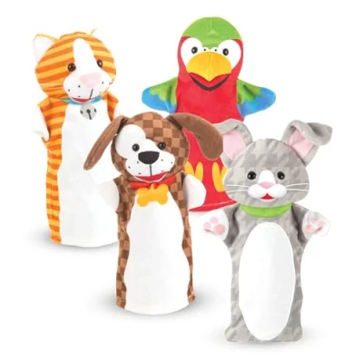 Bild av Melissa &amp; Doug Handdockor i form av lekfulla husdjur, dockset (kanin, papegoja, kattunge och valp, mjukt plyschmaterial, set om 4)