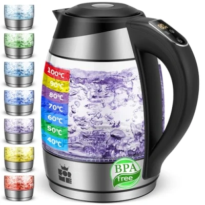 Bild av ForMe Vattenkokare 1,8 L Temperaturinställning 40 100C I 7 LED Belysning med Färgförändring Glas Tekokare Rostfritt Stål Tesil Digital Temperaturdisplay Håll Varm Funktion BPA fri