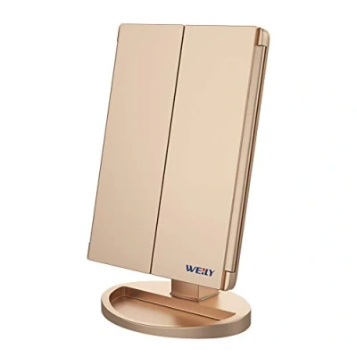 Bild av WEILY sminkspegel med belysning, kosmetisk spegel 1 X/2 x 3 förstoring, vikbar LED belysning och pekskärm, bordsspegel, stöd för USB batteri (guld)