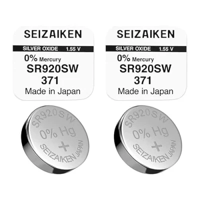 Bild av 2 st. knappcell original SEIZAIKEN 371, SR920SW, 1,55 V, klockbatterier batteri silveroxid, 0 % kvicksilver, 100 tillverkad i Japan