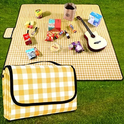 Bild av GUSUWU Picknickfilt vattentät strandmatta picknickmatta tvättbar lätt med handtag gul rutig för vandring resor utomhus camping, parker, 200 cm x