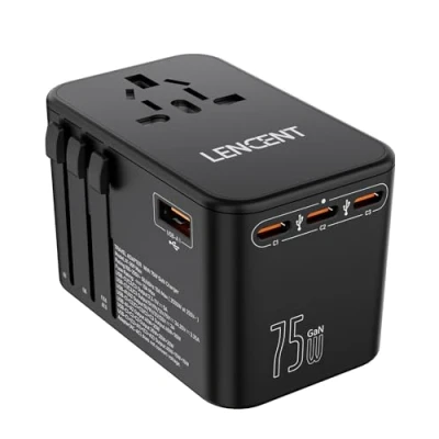 Bild av LENCENT 75W Snabb Laddning Universal Reseadapter över Hela Världen, GaN III Internationell Travel Adapter med 3 PD3.0 Typ C+2 QC USB A, Socket Worldwide för DE USA UK AUS, C/G/A/I, Svart