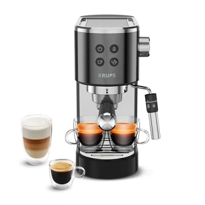 Bild av Krups XP444G Virtuoso+ Espressofiltermaskin 15 bar pumptryck 3 krämfilter ångmunstycke i rostfritt stål intuitiv kontrollpanel roterande kontroll inkl. doseringssked/tamper krom/svart