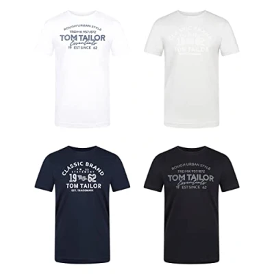 Bild av TOM TAILOR T shirt för män 4 pack rund hals kortärmad skjorta normal passform tryck sommar 100 % bomull svart vit grön röd blå grå S M L XL XXL 3XL, Lucid White (28847),