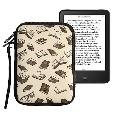 Bild av kwmobile väska för eReader neopren fodral skyddsfodral böcker och sidor beige brun guld 17 x 12 2 cm innermått