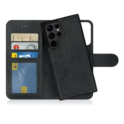 Bild av MyGadget Flip Case för Samsung Galaxy S22 Ultra [avtagbart magnetfodral] mobiltelefonfodral av konstläder [vikbart fodral med kortfack] skyddsfodral i grått svart