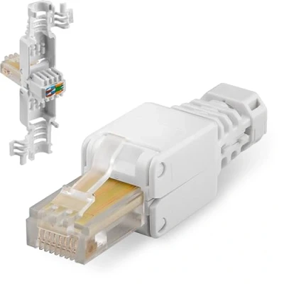 Bild av goobay 68859 RJ45 kontakt CAT 5e UTP oskärmad/verktygsfri/LAN för rund kabel/ethernet med färgade kabelkontakter, självmontering utan pressstång/vit