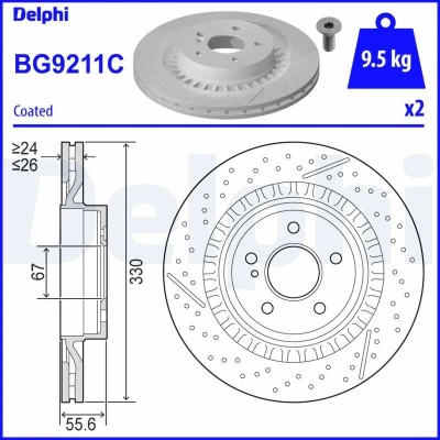 Bild av DELPHI BG9211C Disque de frein 330 26 5 ventilé revêtu à haute teneur en carbone sans roulement roue, bague ABS