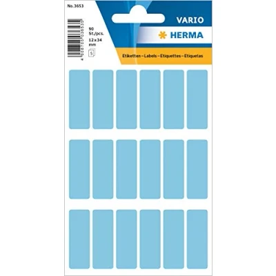 Bild av HERMA 3653 multifunktionsetiketter små (12 x 34 mm, 5 ark, papper, matt) självhäftande, permanenta hushållsetiketter för handskriven märkning, 90 klistermärken, blå