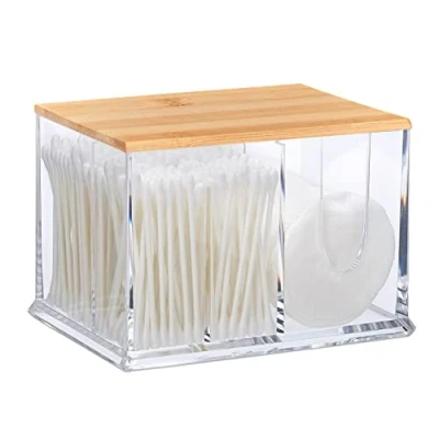 Bild av Relaxdays Bomullsflucka i akryl, stor badrumsdispenser för bomullsdynor, L, transparent/naturlig, 90 % plast