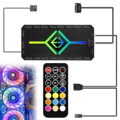 Bild av 2 i 1 ARGB PWM fläkthubb med styrenhet, 9 x 4 stift fläktkontakter och 5 V 3 stifts portar, RGB fodralfläkt hub magnetisk bas SATA Power 18 port, trådlös styrenhet
