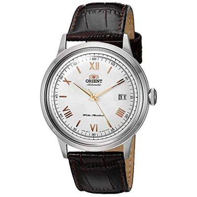 Bild av Orient Men&#039;s &#039;2nd Gen. Bambino Ver. 2 tum japansk automatisk klocka i rostfritt stål och läder, Vit urtavla (rosa guld händer), Mode